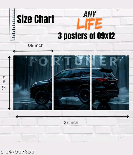 Toyota Fortuner Black SUV Split Wall Poster Set of 3 | Luxury Automotive Wall Art | Premium HD Matte Prints for Bedroom, Office & Gaming Room Decor
