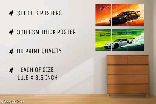 Luxury Sports Car Wall Poster Set of 6 | BMW M5 & Porsche Drift Aesthetic Posters | Premium 300 GSM Matte Prints for Bedroom, Gaming Room & Office Decor