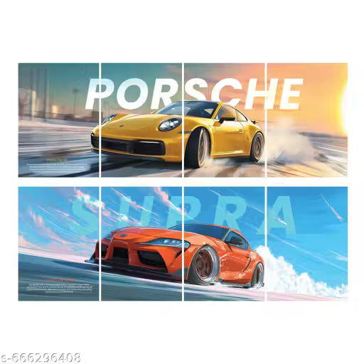 Porsche & Supra Sports Car Poster Pack of 8 | A4 Supercar Wall Art for Gaming Room & Bedroom Decor