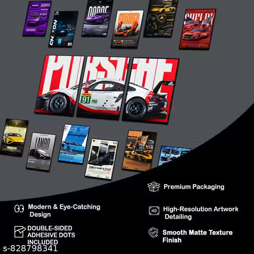Porsche Sports Car Poster Set for Bedroom Wall Decor | A4 Split Car Poster with 12 Mini A5 Posters | Gaming Room Aesthetic Wall Art for Boys & Office