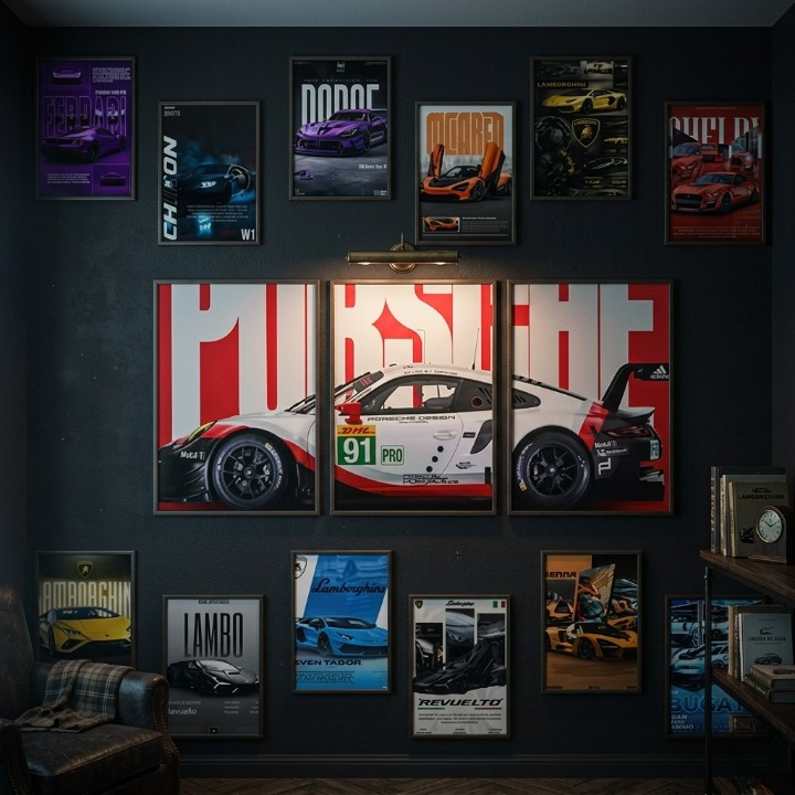 Porsche Sports Car Poster Set for Bedroom Wall Decor | A4 Split Car Poster with 12 Mini A5 Posters | Gaming Room Aesthetic Wall Art for Boys & Office