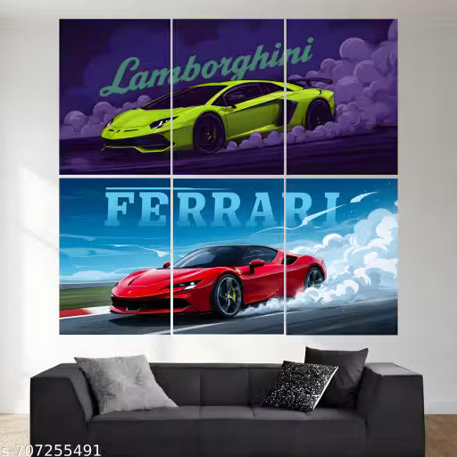 Lamborghini & Ferrari Sports Car Poster Pack of 6 | A4 Supercar Wall Art for Gaming Room & Bedroom Decor