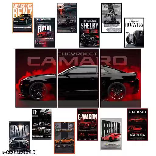 Chevrolet Camaro Poster Set for Room | 12 Pc Muscle Car Poster Combo | A4 Split Wall Art + A5 Prints | Sports Car Wall Decor | Supercar Posters for Boys Room Gaming Setup Bedroom