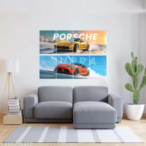 Porsche & Supra Sports Car Poster Pack of 8 | A4 Supercar Wall Art for Gaming Room & Bedroom Decor