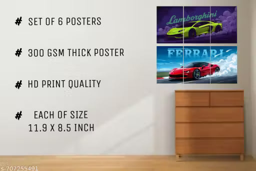 Lamborghini & Ferrari Sports Car Poster Pack of 6 | A4 Supercar Wall Art for Gaming Room & Bedroom Decor