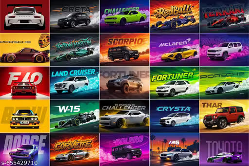 Porsche & Supra Sports Car Poster Pack of 8 | A4 Supercar Wall Art for Gaming Room & Bedroom Decor