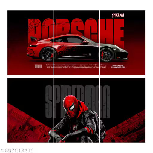 Porsche 911 Spider Man Poster Pack of 6 | A4 Supercar & Superhero Wall Posters for Gaming Room & Bedroom Decor