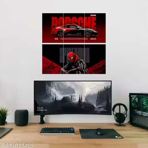 Porsche 911 Spider Man Poster Pack of 6 | A4 Supercar & Superhero Wall Posters for Gaming Room & Bedroom Decor