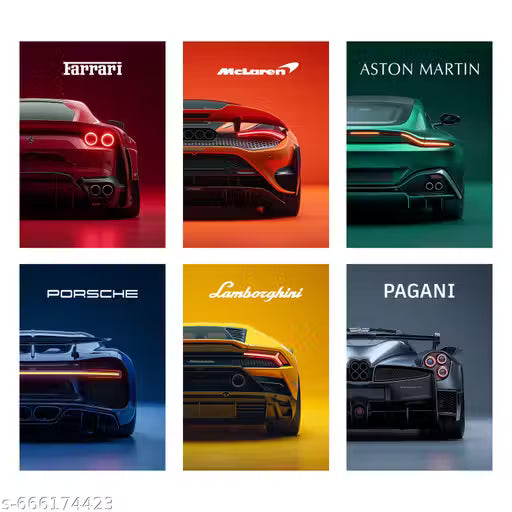 Luxury Supercar Poster Pack of 6 | Ferrari, Lamborghini, Porsche, McLaren, Aston Martin & Pagani Wall Art