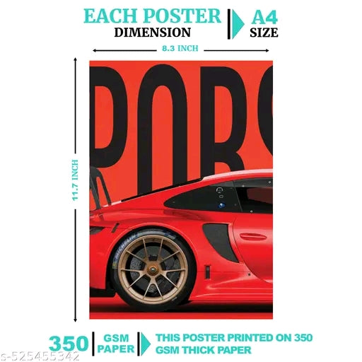 Premium Porsche 911 RS Wall Poster Set of 8 | Luxury Sports Car Aesthetic Posters | 300 GSM Matte Prints for Bedroom, Gaming Room & Office Decor