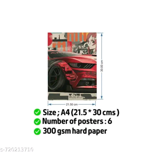 Dodge Hellcat & Mustang Anime Wall Poster Set of 6 | JDM Sports Car Aesthetic Posters | Premium 300 GSM Matte Prints for Bedroom, Gaming Room & Garage Decor