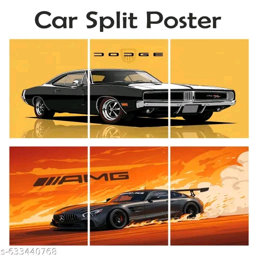 Dodge Charger & Mercedes AMG Split Wall Poster Set (Pack of 6) | Premium A4 Car Posters for Bedroom, Gaming Room & Garage Decor