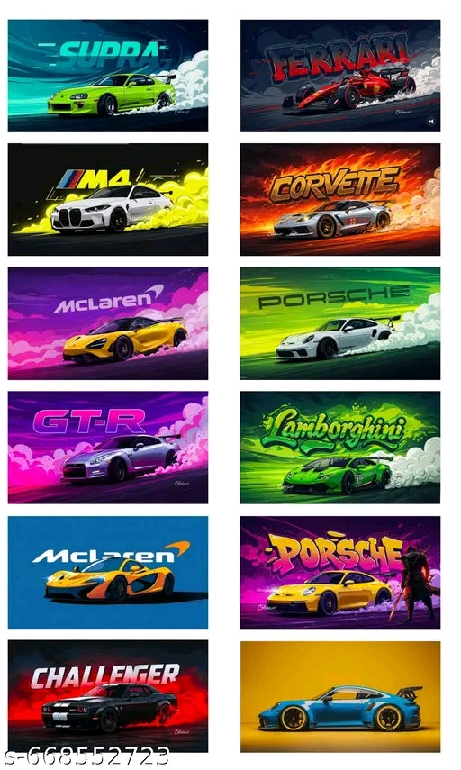 Aesthetic Supercar Poster Combo Set of 10 | Supra, Ferrari, BMW M4, Porsche, Lamborghini & GTR Wall Posters | Premium HD Car Posters for Bedroom & Gaming Room