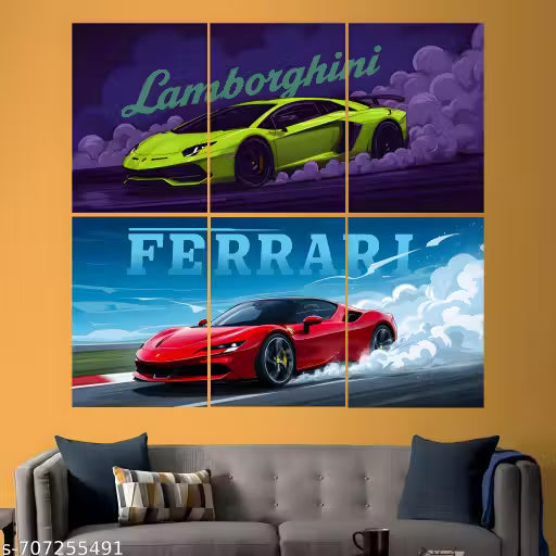 Lamborghini & Ferrari Sports Car Poster Pack of 6 | A4 Supercar Wall Art for Gaming Room & Bedroom Decor