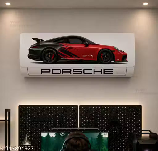 Black & Red Porsche GT3 RS AC Sticker | Luxury Sports Car Split AC Wrap | Waterproof Gaming Room Decor Sticker