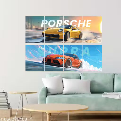 Porsche & Supra Sports Car Poster Pack of 8 | A4 Supercar Wall Art for Gaming Room & Bedroom Decor
