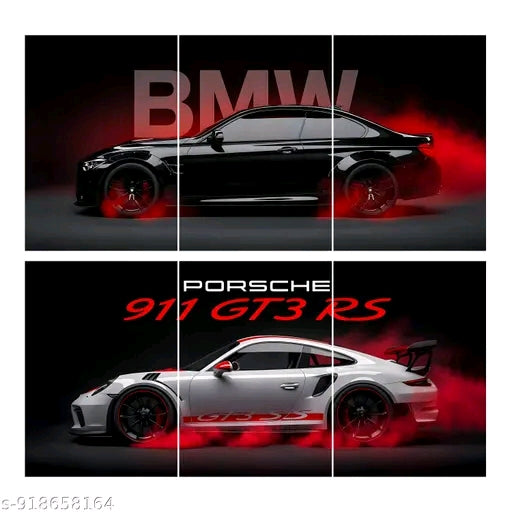 BMW & Porsche 911 GT3 RS Split Wall Poster Set (Pack of 6) | Premium A4 Supercar Posters for Bedroom, Gaming Room & Garage | Car Wall Decor