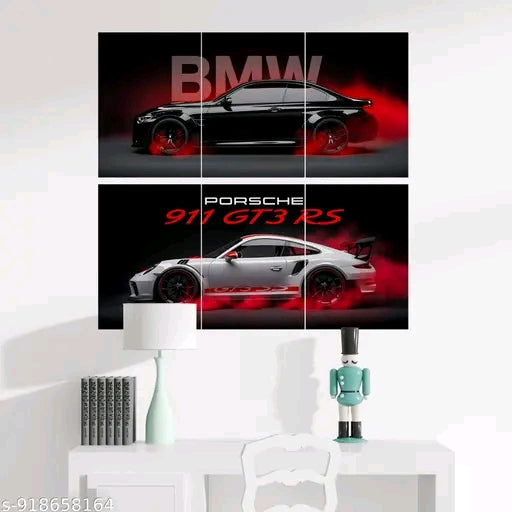 BMW & Porsche 911 GT3 RS Split Wall Poster Set (Pack of 6) | Premium A4 Supercar Posters for Bedroom, Gaming Room & Garage | Car Wall Decor
