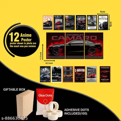 Chevrolet Camaro Poster Set for Room | 12 Pc Muscle Car Poster Combo | A4 Split Wall Art + A5 Prints | Sports Car Wall Decor | Supercar Posters for Boys Room Gaming Setup Bedroom