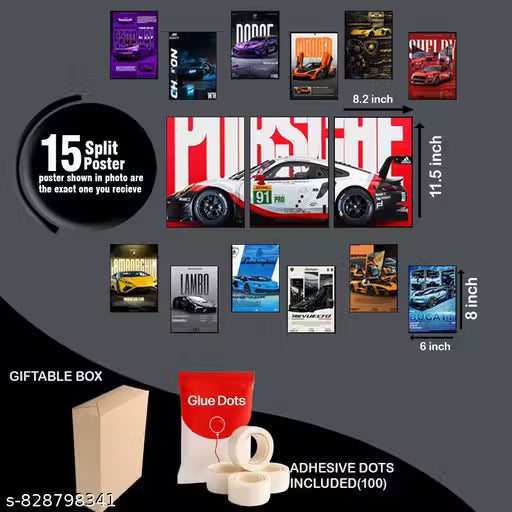 Porsche Sports Car Poster Set for Bedroom Wall Decor | A4 Split Car Poster with 12 Mini A5 Posters | Gaming Room Aesthetic Wall Art for Boys & Office