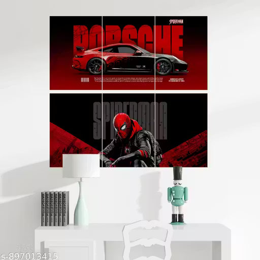 Porsche 911 Spider Man Poster Pack of 6 | A4 Supercar & Superhero Wall Posters for Gaming Room & Bedroom Decor