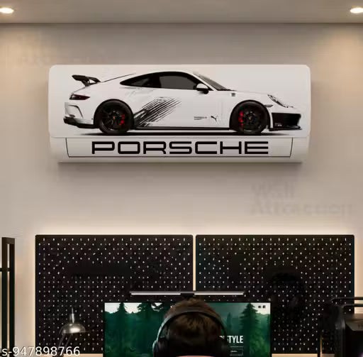 White Porsche GT3 RS AC Sticker | Luxury Sports Car Split AC Wrap Sticker | Waterproof Gaming Room & Bedroom Decor