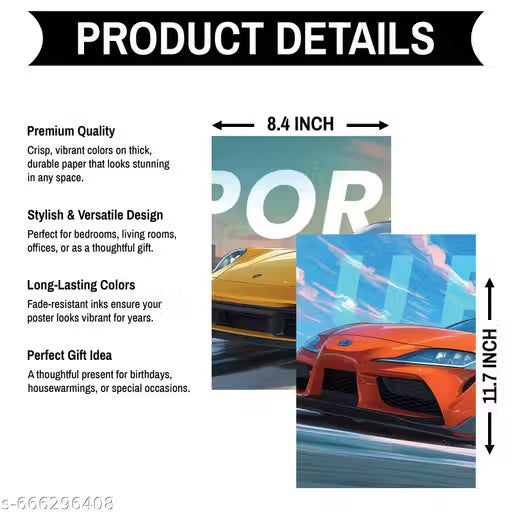 Porsche & Supra Sports Car Poster Pack of 8 | A4 Supercar Wall Art for Gaming Room & Bedroom Decor